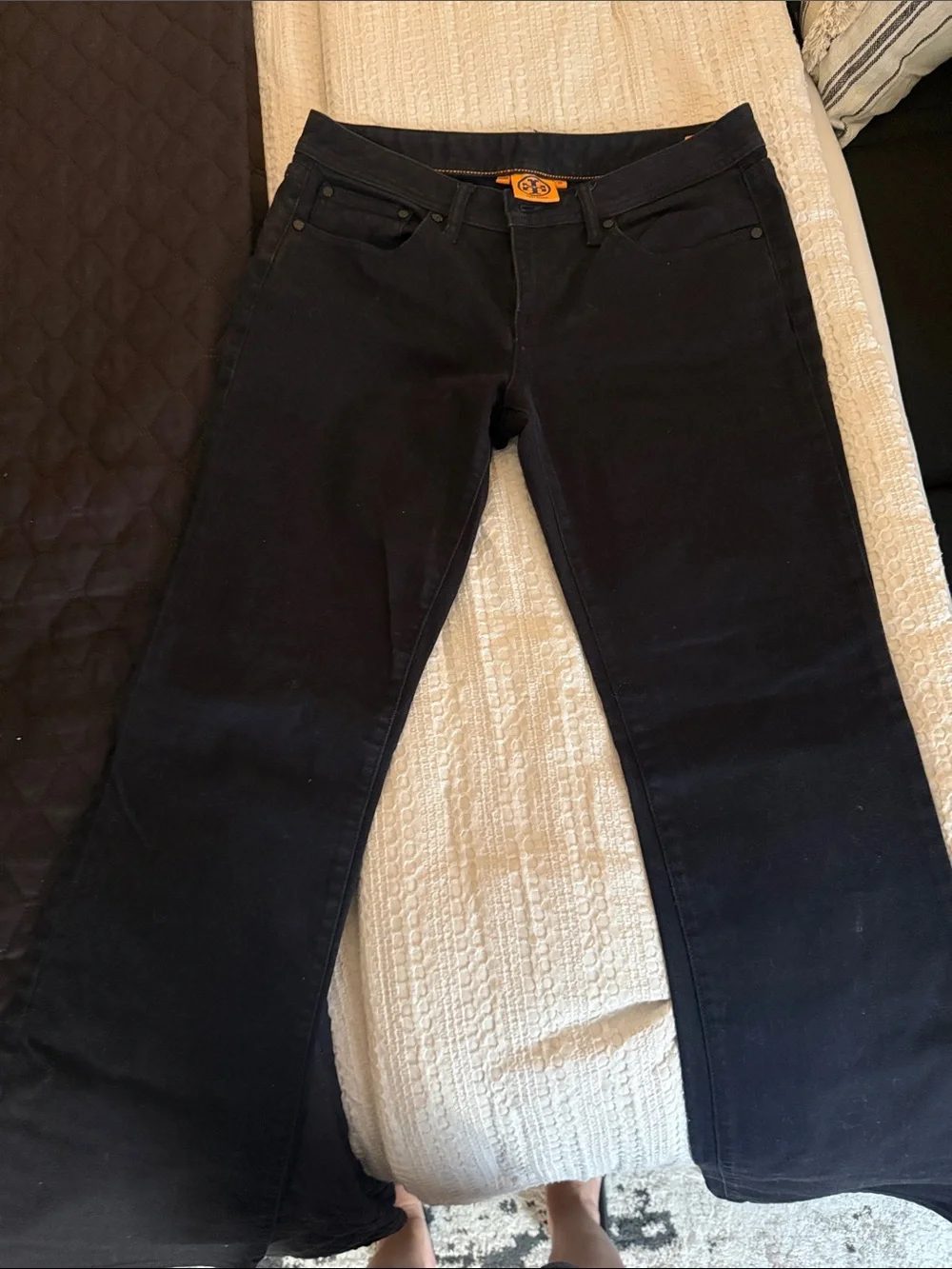 Tory Burch Black Bootcut Jeans with Signature Logo Waistband